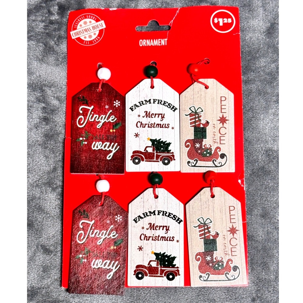 Christmas House Gift Tag Ornaments Set of 6 Farmhouse Rustic Holiday Decor New
